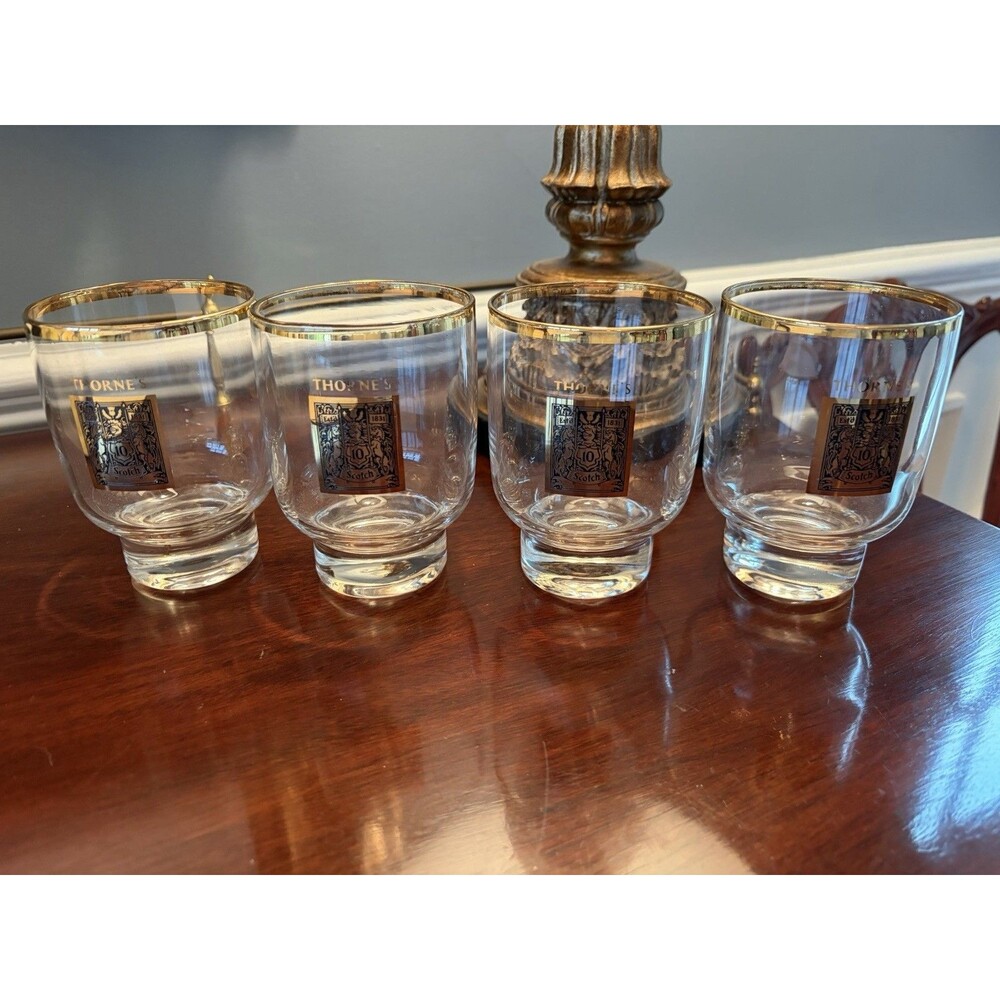 Vintage Scotch Thorne's Gold Rimmed Glasses Set Of 4 Collector Cup Set